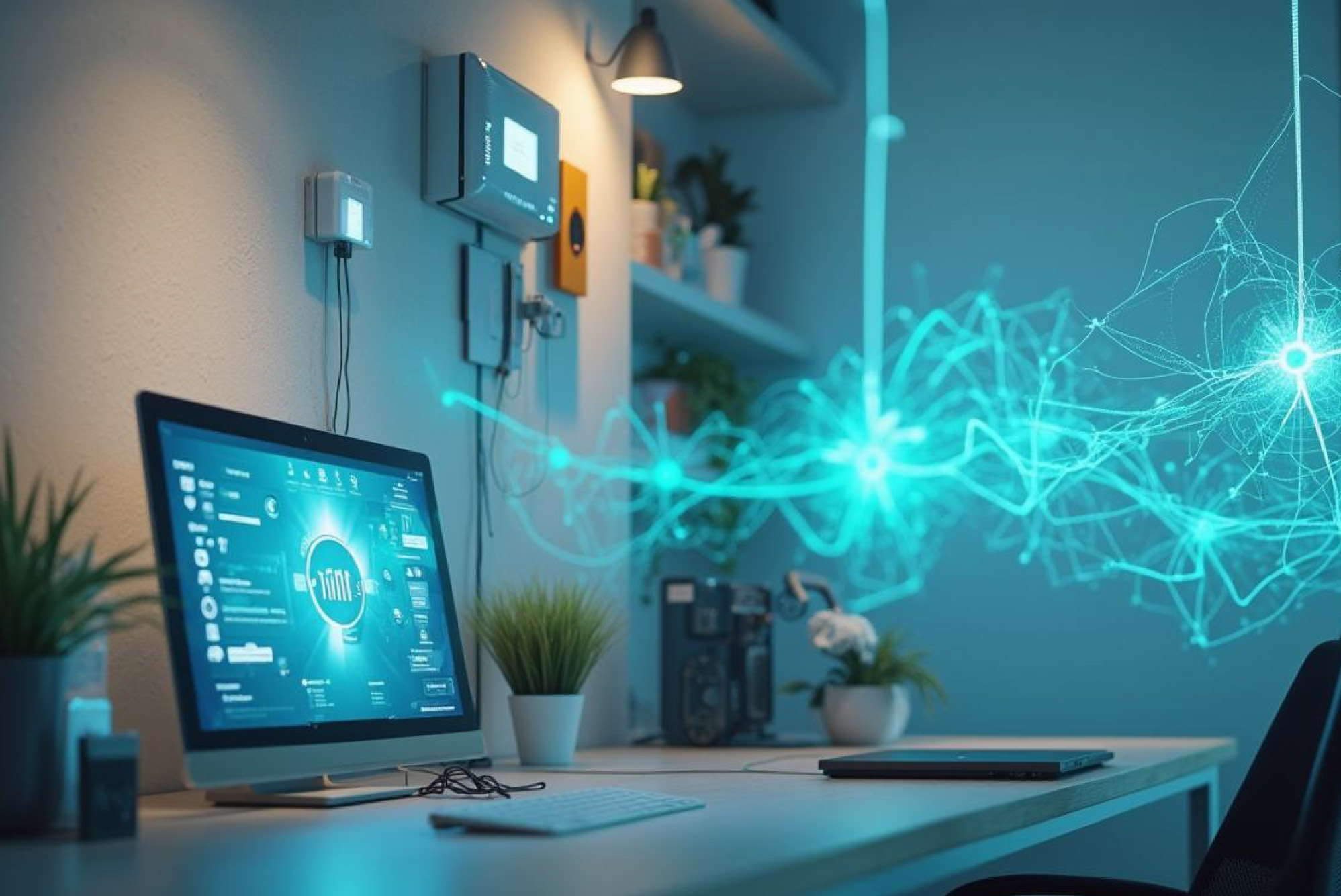 Futuristic clean energy product evolution at AirPlus: timeline of innovations, glowing blue and teal neon accents, no visible wind turbines or solar panels